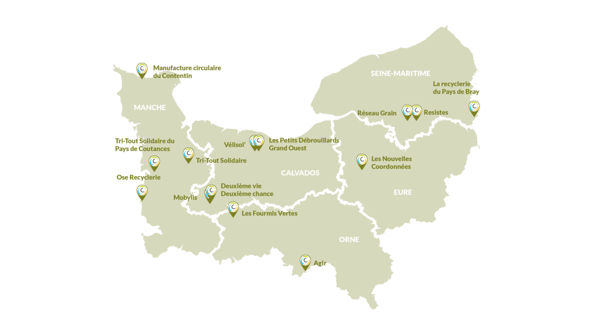 La carte des lauréats de l'appel à projet sensibilisation au réemploi et à la réparation en Normandie